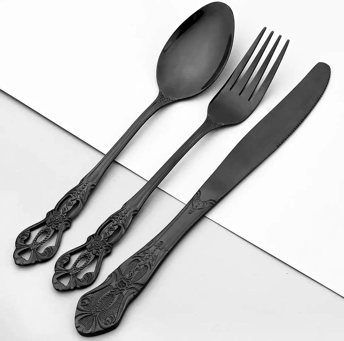 Luxury Antique Gothic cutlery with stand (ultra black)