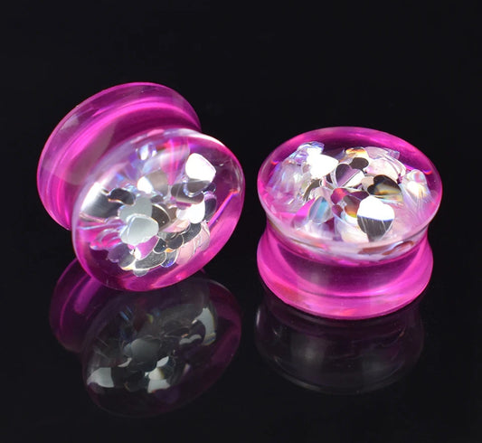 Pink Glitter Heart plug  (Single or Pair)