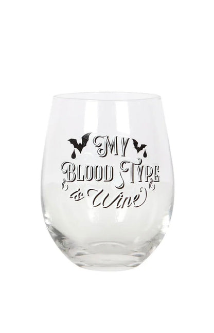 Gothic pagan witch Black my BLOOD TYPE is wine STEMLESS Wine glass