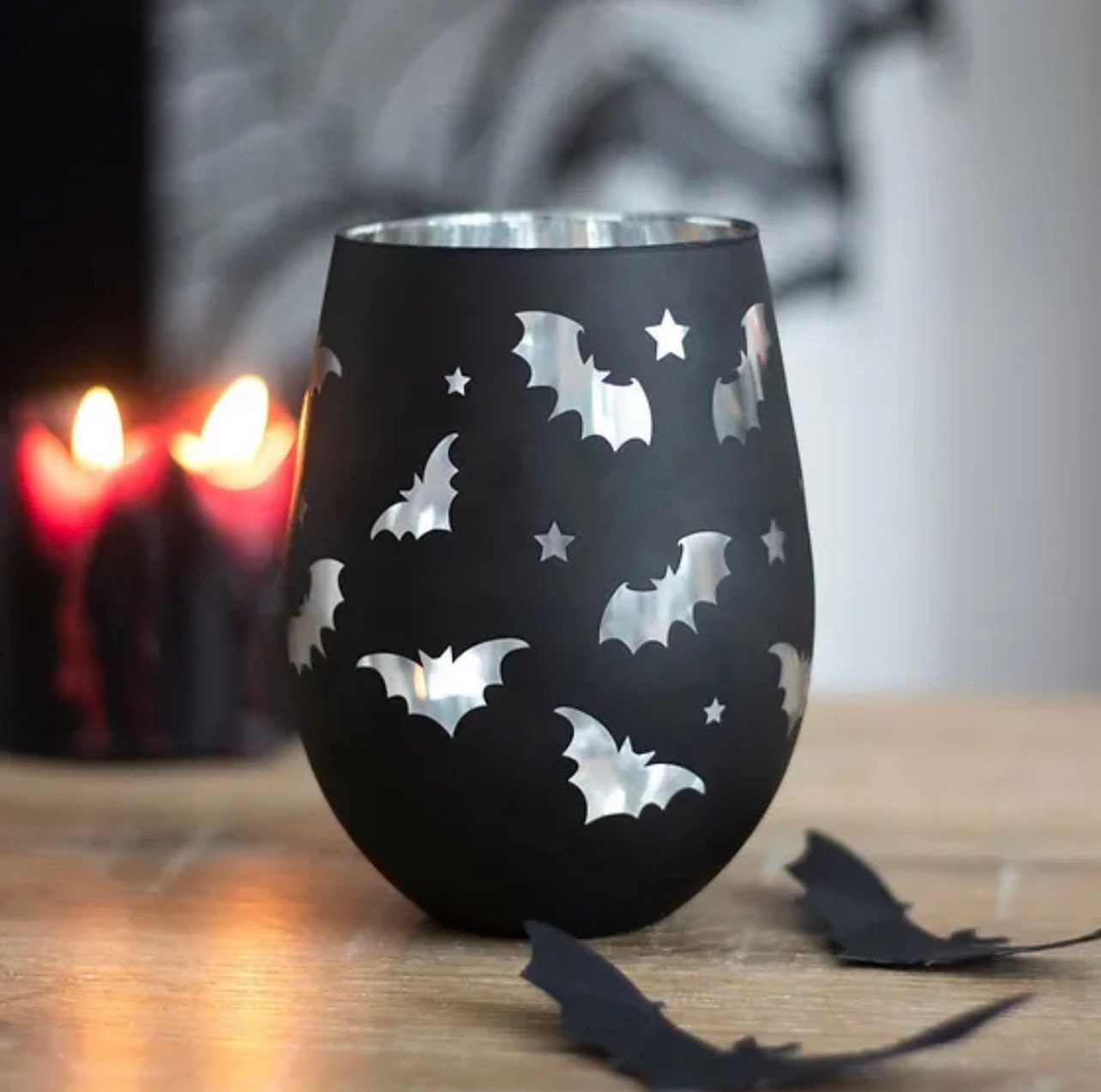 Gothic pagan witch Black bat stemless wine glass