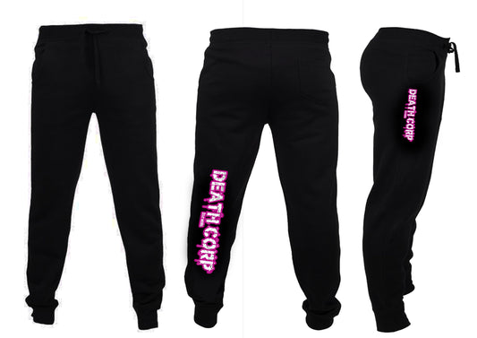 Death Corp - Pink Glitter logo cuffed ( slimline ) Trackies (glow in the dark option)